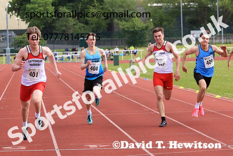 Mens Under-17s 200 metres 2024 North Eastern Track and Field Champs., Middlesbrough.  Photo: David T. Hewitson/Sports for All Pics